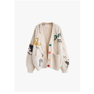 Women's Cable Knit Long Sleeve Open Front Cardigan Sheep V-Neck Button Down Embroidery Wool Blend Sweater Coat Outwear, Size XS