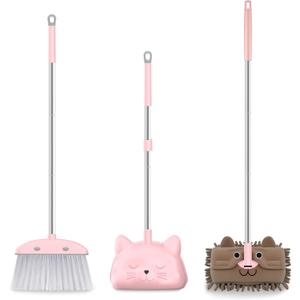nacena Mini Broom with Dustpan & Mop for Kids, 28-in Handle Kids Brooms and Dustpan Set for Toddlers Cat-Shaped Children Broom and Cleaning Set Boys Girls Small Housekeeping Helper Sets, Pink