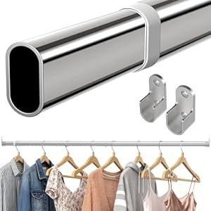 NBIHRIG Oval Closet Rod 18-40 Inch, Adjustable Expandable Closet Rods for Hanging Clothes with End Supports, Silver Heavy Duty Rust Proof Wardrobe Rod & Bar for Laundry Room & RV