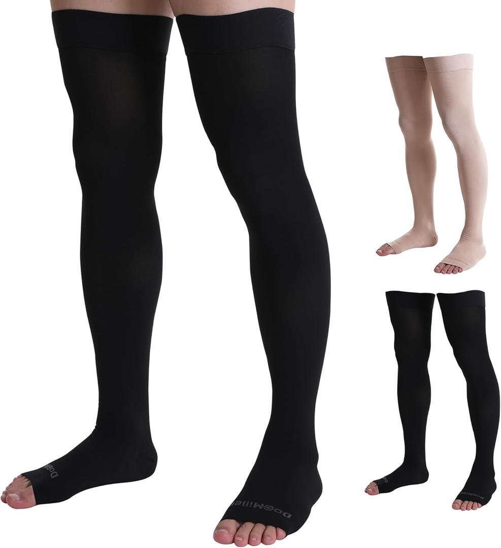 Doc Miller Thigh High Open Toe Compression Stockings 30-40mmHg for Men and Women, Varicose Veins, Pregnancy Support (S, Black)