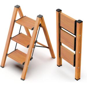 WOA WOA 3 Step Ladder, Foldable Step Stool, Aluminum Lightweight Ladder for Home Kitchen Closet, Anti-Slip Pedals, Ease of Folding, Portable, 300lbs Capacity - Wood Grain