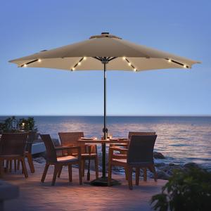 11ft Solar Led Patio Umbrella, Sturdy Outdoor Market Umbrella for Deck, Pool, Garden w/Tilt, Crank, 32 LED Lights, Tan
