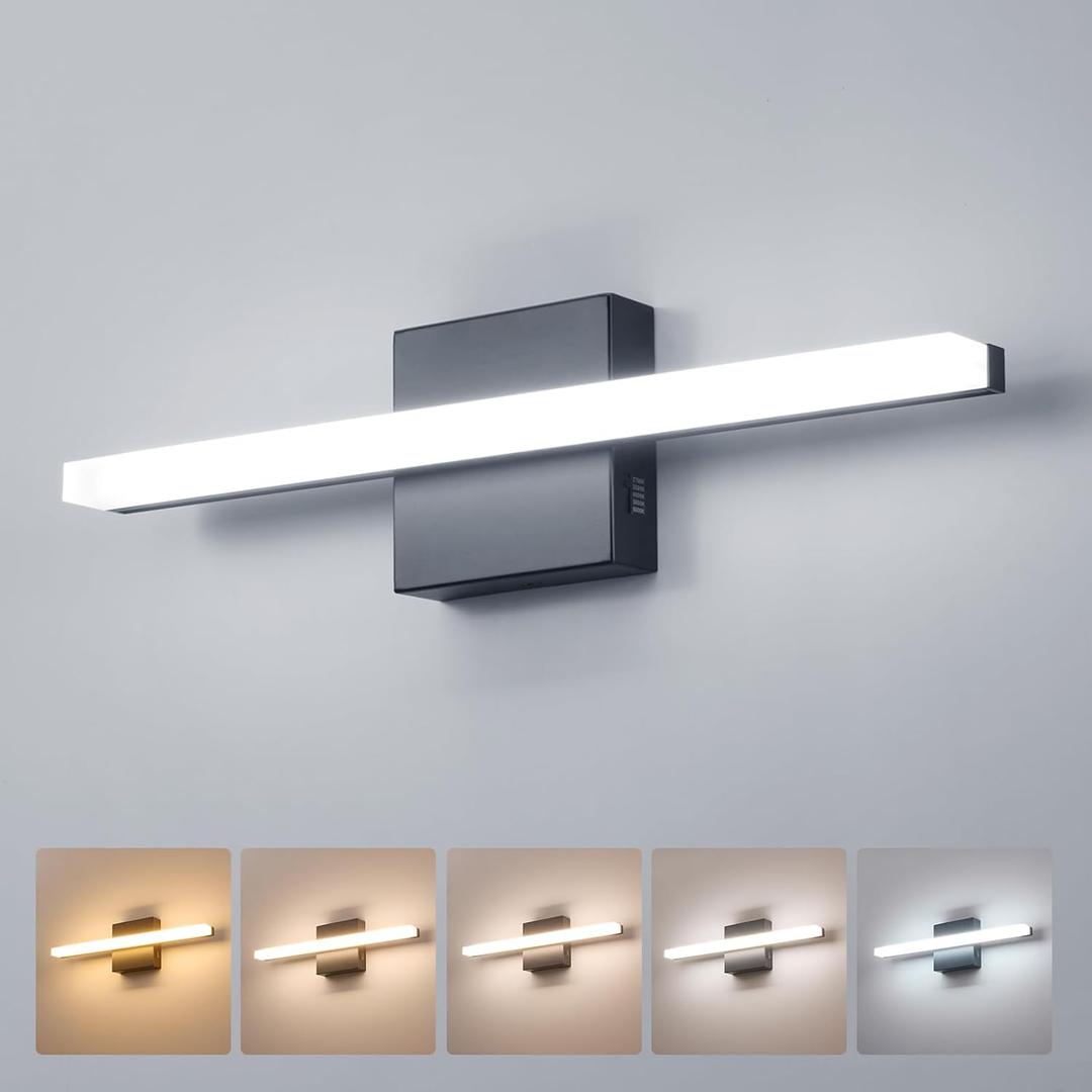 Combuh Modern Bathroom Light Fixtures Above Mirror Small Vanity Lighting Bar 16Inch, 5 Color Adjustable Black Simple Slim Led Wall Sconce IP44 Rustproof Bright 10W 880LM for Bath Restroom Makeup