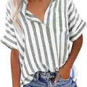3 x Summer Tops for Women Striped Button Down Shirts Collar Guaze Shirt Trendy Vacation Work Linen Blouse (Green, XL)