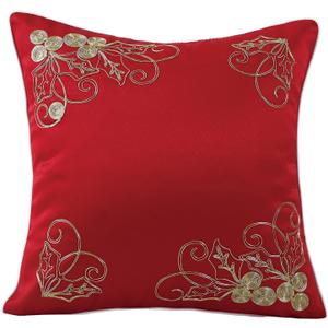 Violet Linen Seasonal Xmas Christmas Holiday Ornaments Solid Vibrant Red Pattern, Polyester Satin Fabric, Embroidered, Leaves, 18 Inch x 18 Inch, Square, Decorative Accent Throw Pillow Cover