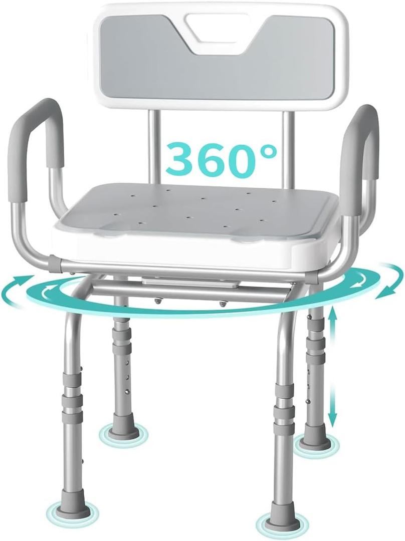 Swivel Shower Chair, Shower Seat with Arms and Back for Seniors Elderly Disabled, Height Adjustable 500 lbs Capacity, 360 Rotatable Seat for Inside Shower Stall and Bathtub