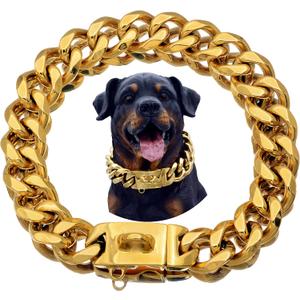 Strong Stainless Steel Gold Dog Collars with Safety Buckle Lock,23MM Cuban Link Chain Training Collar,Dog Necklace Walking Collar for Small Medium & Large Dogs (18, Gold)