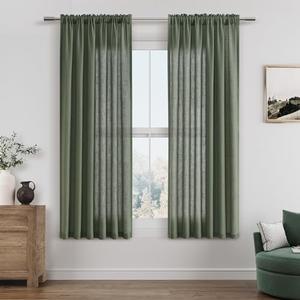 Guken Olive Green Linen Curtains 63 Inch Length for Living Room Bedroom 2 Panels Set Rod Pocket Light Filtering Semi Sheer Window Curtains 52 Inch Width Boho Farmhouse Linen Drapes, W52xL63