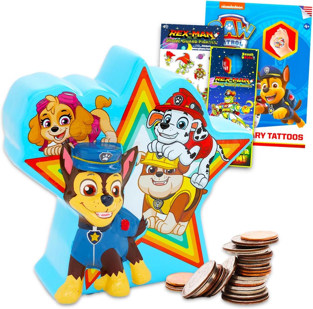 Paw Patrol Kids Money Bank Set  Ceramic Piggy Bank Plus Stickers, Tattoos