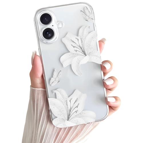 Skyseaco for iPhone 16 Plus Case, Clear Cute Butterfly Lily Floral Flower Phone Case for Women Girls, Clear Slim Camera Lens Shockproof Protection Phone Cover, White Pack of 3