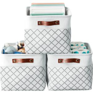 DECOMOMO White Storage Bins Fabric Storage Baskets for Shelves, Linen Closet Organization Toys Nursery (White Check, Large - 3 Pack) (Large/3P - 15"x11"x9.5")
