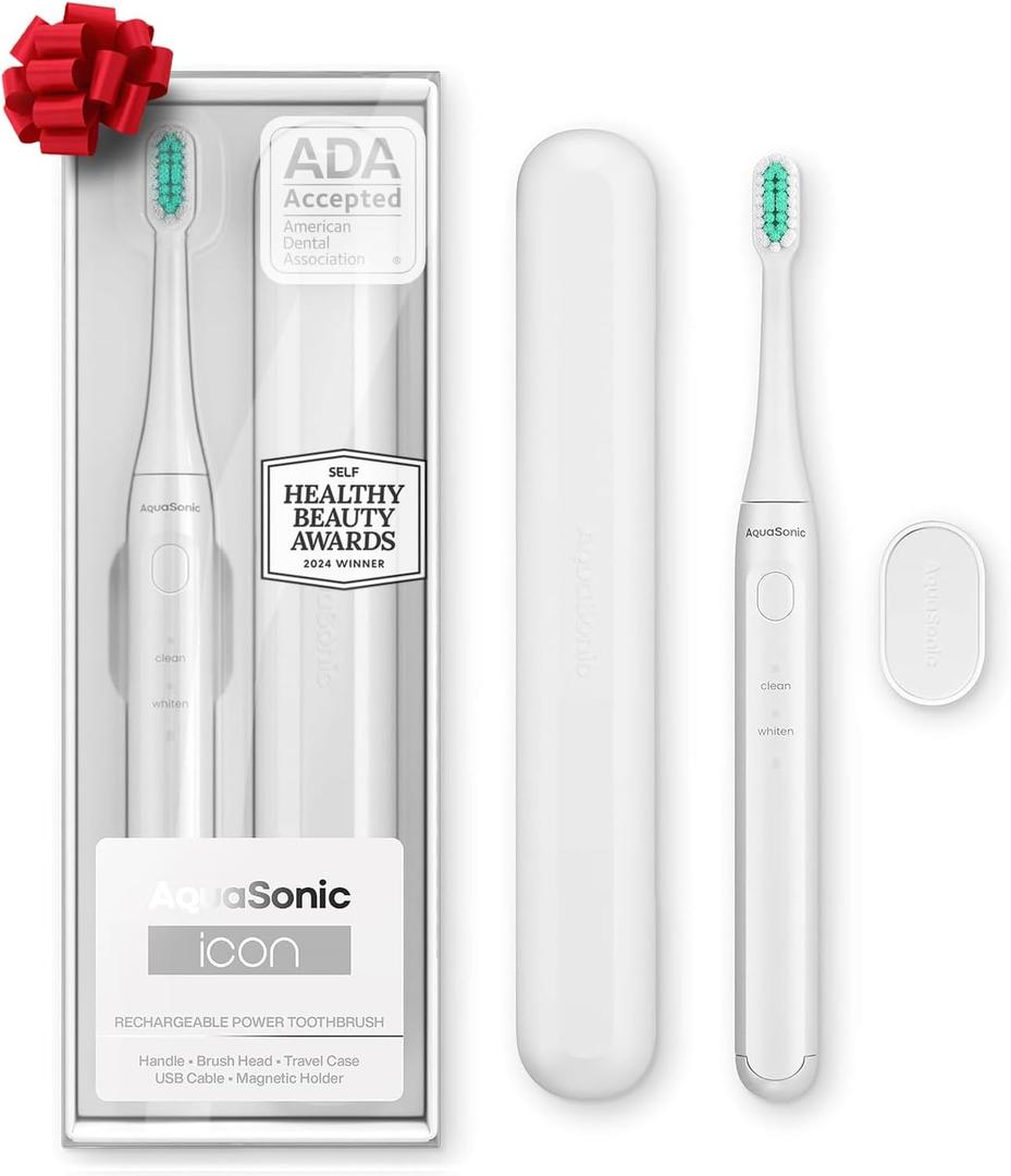 Aquasonic Icon ADA-Accepted Rechargeable Toothbrush | Magnetic Holder & Slim Travel Case | 2 Brushing Modes & Smart Timers | Gentle Micro-Vibrations (Pearl)