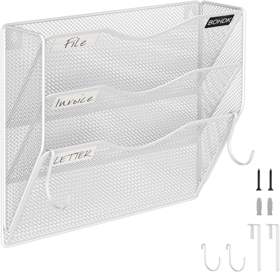 BOHDK Wall File Organizer, 3 Tire Hanging File Folder Mail Organizer, Vertical Mesh Metal Door/Wall Mount Hanging File Organizer, Paper Document Magazine Rack with Hooks for Home Office 3 Tier White