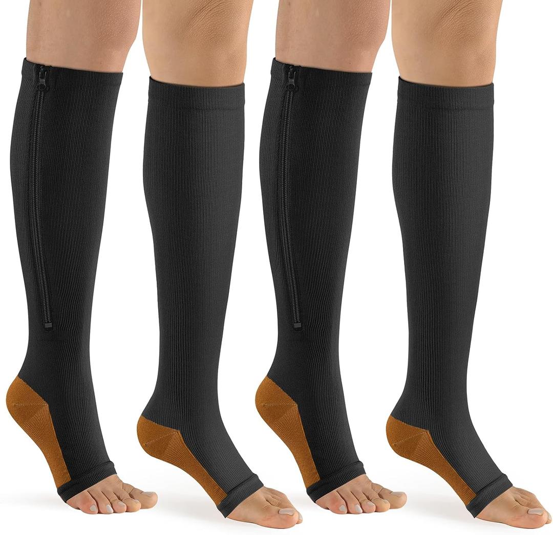 bropite Zipper Compression Socks Women & Men - 2Pairs Calf Knee High 15-20mmHg Open Toe Compression Stocking suit for Walking (Large-x-large)