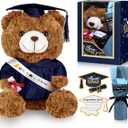 Graduation Bear Gifts Set Include Stuffed Animal Bear with Gown Cap Tassel Class of 2025 Grad Card Soap Artificial Flower Box with Window Graduation Gift for Him Her(Navy)