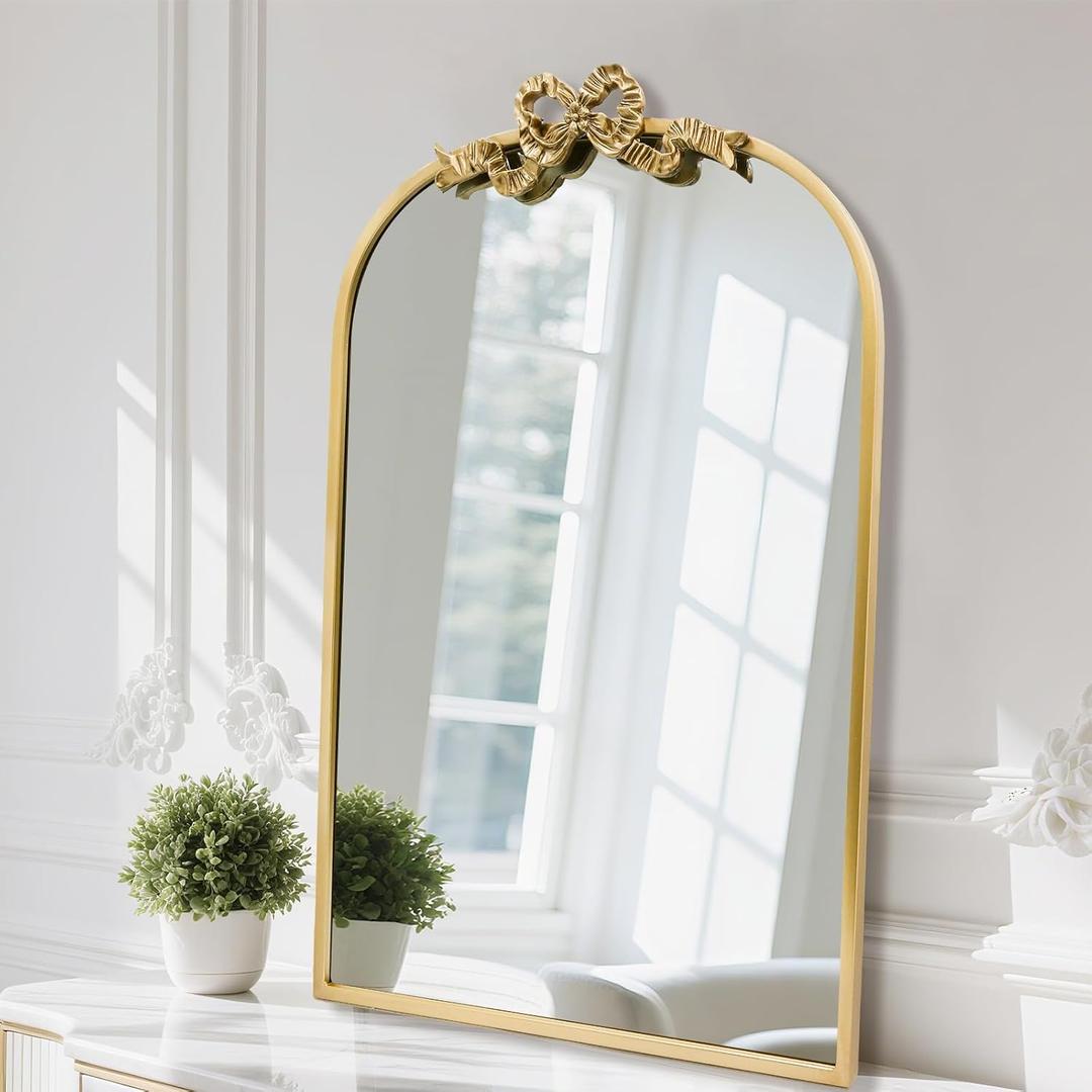 Vintage Arched Bow Gold Mirror: 36"x24" Large Antique Wall Mirrors with Metal Frame for Bathroom Vanity - Baroque Ornate Bow Decor for Living Room, Fireplace, Entryway, Hallway