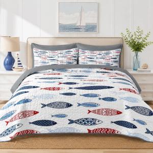 Pamnest King Quilt Set, 7 Pieces Fish Nautical Bedding, Bedspread