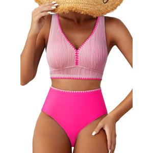 Herseas High Waisted Bikini Sets for Women - Textured Whip Stitch 2 Piece Swimsuit Bestselling Summer Beach Bathing Suit (Large, Pink)
