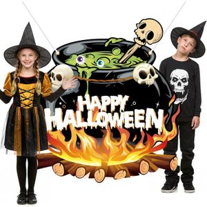 Halloween Witches Cauldron Party Decorations Happy Halloween Photo Booth Props Cauldron Skeleton Photo Banner Photography Background for Kids Adults Trick or Treat Haunted House Party