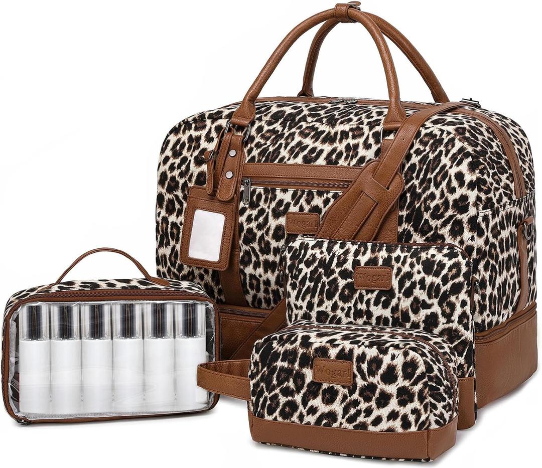 Wogarl Weekender Bags for Women Large Overnight Bag Weekend Travel Duffel Bag Carry on Shoulder with Shoe Compartment Toiletry Bag for Travel Business Gym (Brown Leopard-2)
