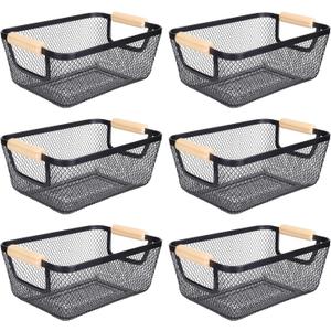 6Pack Black Wire Basket with Wooden Handle, Storage Bins for Pantry, Metal Mesh Basket for Kitchen Organization, Snack Organizer for Home Cabinet Closet Bathroom Fridge Fruit Makeup and Office (Small)