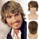 Mens Light Brown Short Layered Natural Fluffy Wig Synthetic Heat Resistant Halloween Cosplay Hair Wig