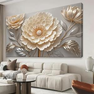 QSQ White Wall Art Mid Century Canvas Wall Art Decor White Flower Wall Decor Modern Painting Neutral Botanical Print Painting Picture For Bedroom Living Room Office Artwork 24" X 48"