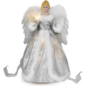 Christmas Angel Treetop Figurine, 12.6 Inch LED Treetop for Christmas Tree Ornaments, Angel Tree Topper Lighted for Tree Decorations Party Favors (Silver Angel)