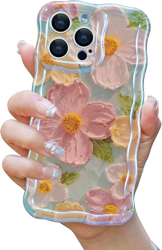 EYZUTAK Case for iPhone 16e, Colorful Retro Oil Painting Flower Laser Glossy Pattern Cute Curly Wave Edge Exquisite Phone Cover Stylish Durable TPU Protective Case for Girl Women 
