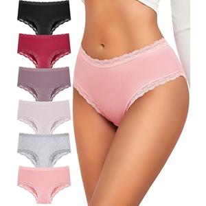 FINETOO 6 Pack Cotton Underwear for Women Cute Bikini Panties Sexy Lace Waist Briefs Soft Breathable Women's Cheeky M