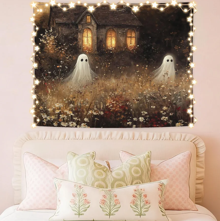 WHCHJ Halloween Ghost Tapestry, Whimsical Spooky Cabin Tapestry Wall Hanging, Ghost in Wildflower Field Landscape Tapestries Wall Blanket Decor for Party Home Bedroom Living Room Dorm, 50x60 Inch