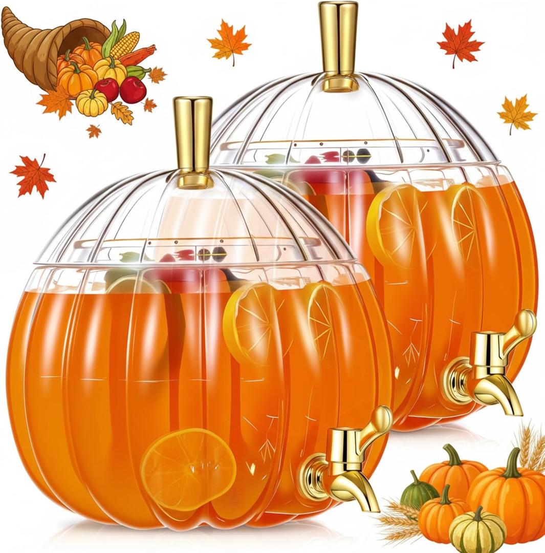 2 Gallon Pumpkin Glass Drink Dispenser with Stand Thanksgiving Pumpkin Shaped Beverage Dispenser with Spigot Clear Juice Alcohol Cocktail Tea Dispenser for Halloween Fall Party Decorations