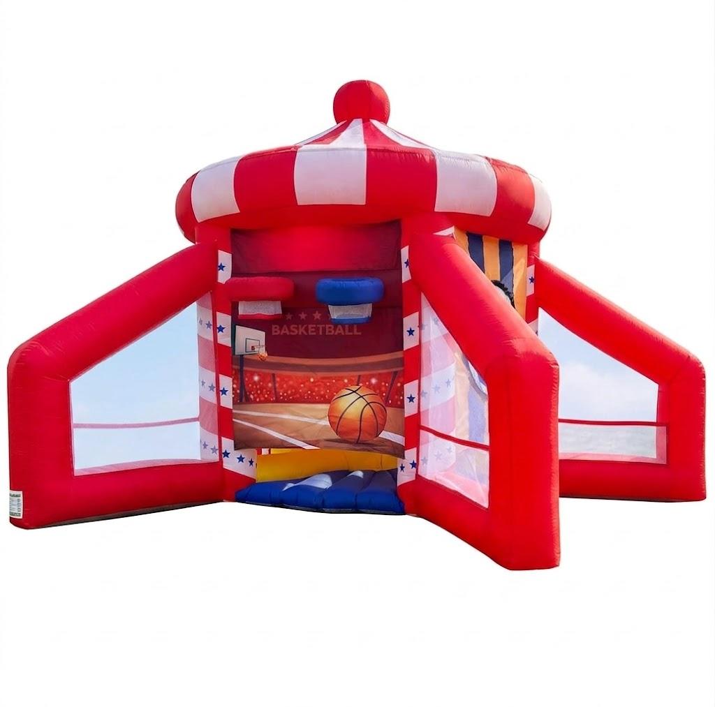 OZIS 5-in-1 Inflatable Carnival Game with Blower, Portable Basketball Hoop, Axe Throw, Soccer Target, Ring Toss, Tic-Tac-Toe for Backyard and Party, White & Red