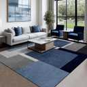 Washable Low-Profile Geometric Area Rug, 0.2 inch Thin Abstract Rug Design for Living Room & Bedroom Decor, 8x10 ft Blue Grey Modern Non-Slip Floor Rug