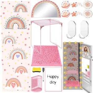 19 Pcs Boho Locker Accessories Kit for Girls Rainbow Back to School Essentials with Magnetic Wallpaper Shelf Mirror Pen Holder Dry Erase Pen Rug Nails Locker Decorations for Office School Supplies