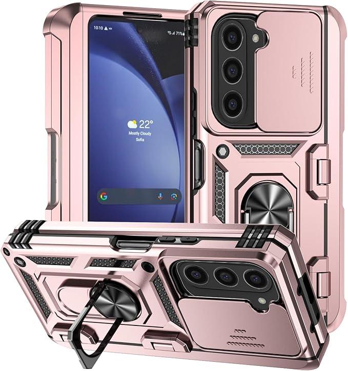 Asuwish Phone Case for Samsung Galaxy Z Fold 6 5G 2024 with Slide Camera Cover and Tempered Glass Screen Protector Hard Stand Ring Holder Hybrid Cell Accessories ZFold6 Z6 G Fold6 6Z Women Men rose gol