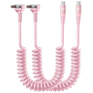 USB A to USB C Cable 90 Degree , 2Pack 3ft Coiled USB Type C Cable for Car, USB-C Fast Charging Cable Compatible with iPhone 17/16/15/Sam sung Galaxy S20 S10 S9 S8 Plus and More USB C Devices-Pink