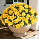  Artificial Fake Flowers Plants for Outdoor Outside Spring Decor, Faux Silk Yellow Camellia UV Resistant Look Real for Planter Pot Porch Patio Balcony Garden Yard