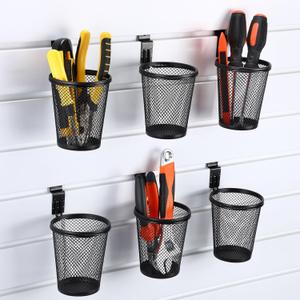 6 Set Slatwall Cups with Hook Loops, Mesh Steel Slatwall Tool Holder Bin Cups Pencil Holder Metal Slat Wall Organizer Accessories for Craft Garage Workshop Office Storage(Black)