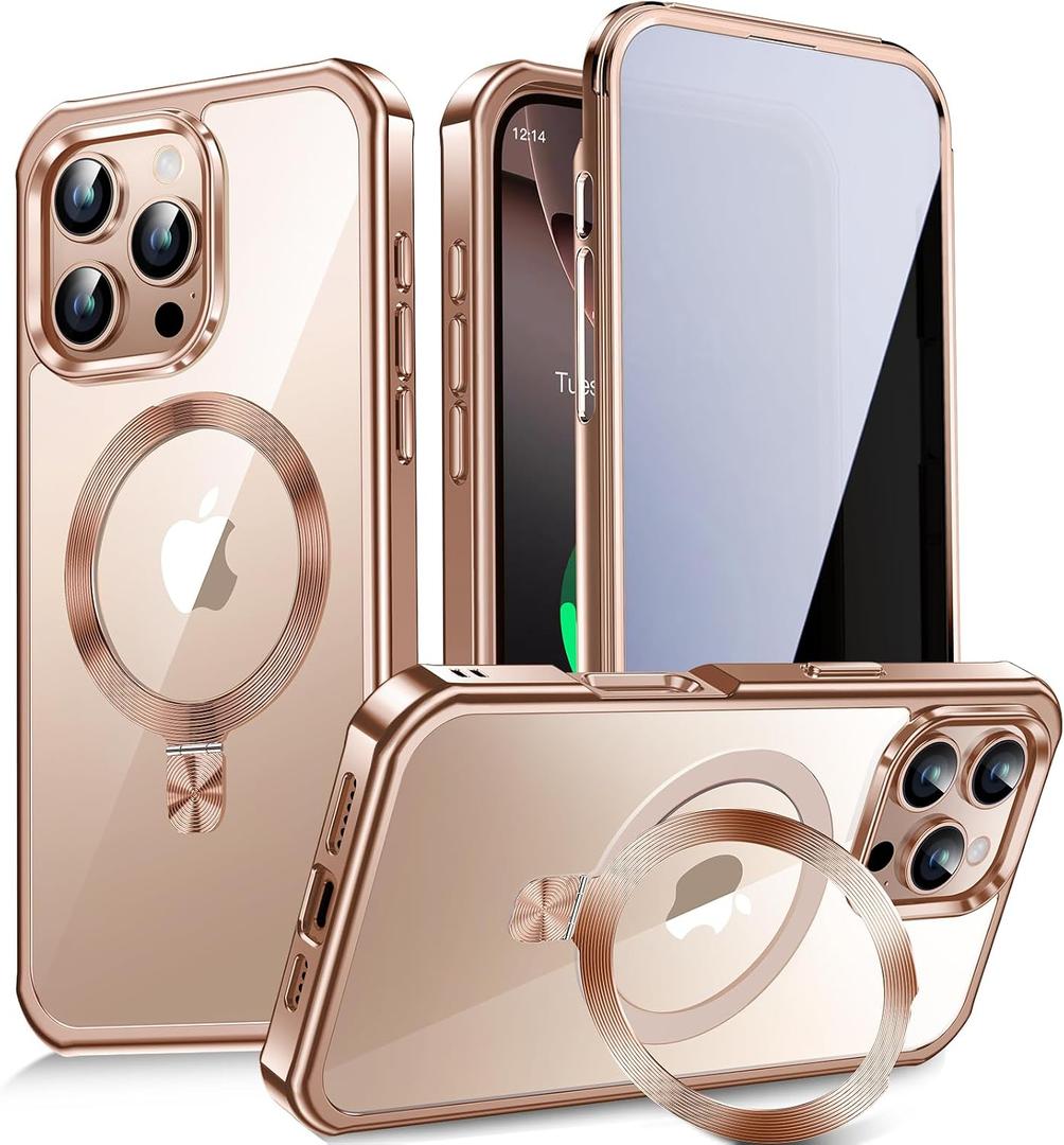 [CD Metal Ring Stand + Built-in Privacy Screen Protector] Magnetic Case for iPhone 16 Pro Max 6.9" [Soft Bumper Full Signal] [Compatible with MagSafe] Full Body Shockproof Clear Case, Desert Gold