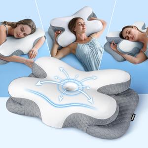 Osteo Enjoy Pain Relief Sleeping Cervical Neck Pillow, Ergonomic Contour Zoned Fits Side Sleeper, Non-Temperature Affected Memory Foam Pillows, Q-max Cooling Pillow Support Back Stomach Sleepers (Gray)