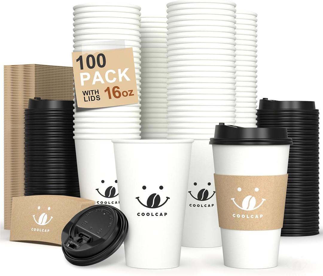 Coffee Cups with Lids and Sleeves, 16 Ounce 100 pack To Go Coffee Cups with Lids, Disposable Hot Coffee Paper Cups Bulk for Hot Beverage (16 Ounce, White) | with Lids, and Sleeves, To Go Coffee Cups, with Lids, Bulk, for Hot Beverage