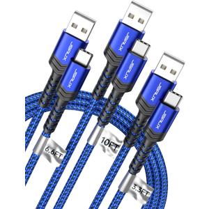 JSAUX USB C Cable Fast Charging 3-Pack(10ft+6.6ft+3.3ft), USB A to Type C Charger Cord for iPhone 17/17e/17 Pro/17 Pro Max, iPhone 16/16 Pro/16 Pro Max, Samsung Galaxy S23 S22 S20, USB C Charger (Blue)