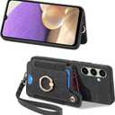for Samsung Galaxy S24 FE Case with Card Holder for Woman Man,PU Leather Flip Folio Wallet Case,RFID Blocking Ring Holder Kickstand Wrist Strap Magnetic Protective Cover for Galaxy S24 FE Black