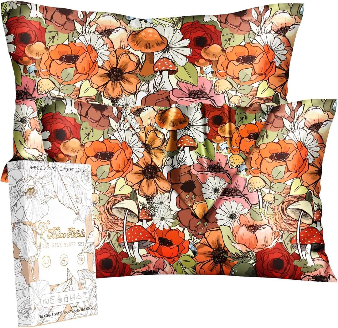 Silk Pillowcase 2 Pack - Cute Pillow Cases 20" x 26" Standard Size Set of 2 for Hair and Skin Smooth Soft Breathable with Hidden Zipper Cooling Pillow Covers for Sleeping, Mushroom Bushes
