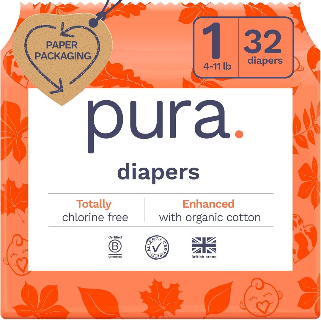 2 x Pura Hypoallergenic Diapers, Size 1 (4-11 lbs), Newborn, Totally Chlorine Free, Wetness Indicator, Suitable for Sensitive Skin, Soft Organic Cotton Comfort, Overnight, 1 Pack of 32 Baby Diapers