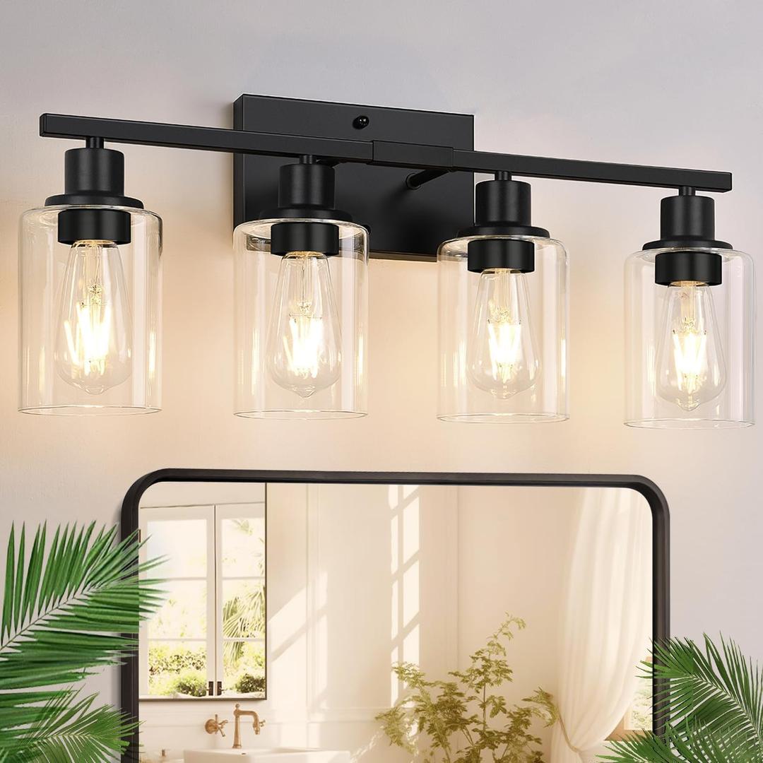 Indoi 4-Light Bathroom Light Fixtures, Matte Black Modern Vanity Lights with Clear Glass Shades, Bathroom Wall Lamp for Mirror Living Room Cabinet Bedroom Porch