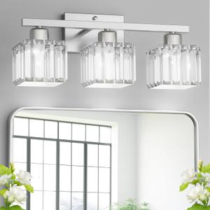 GOLSPARK Bathroom Vanity Lighting Fixtures, 3 Light Brushed Nickel Crystal Light Fixture, Crystal Wall Sconce E26 Base, Square Crystal Glass Shades (Exclude Bulb)