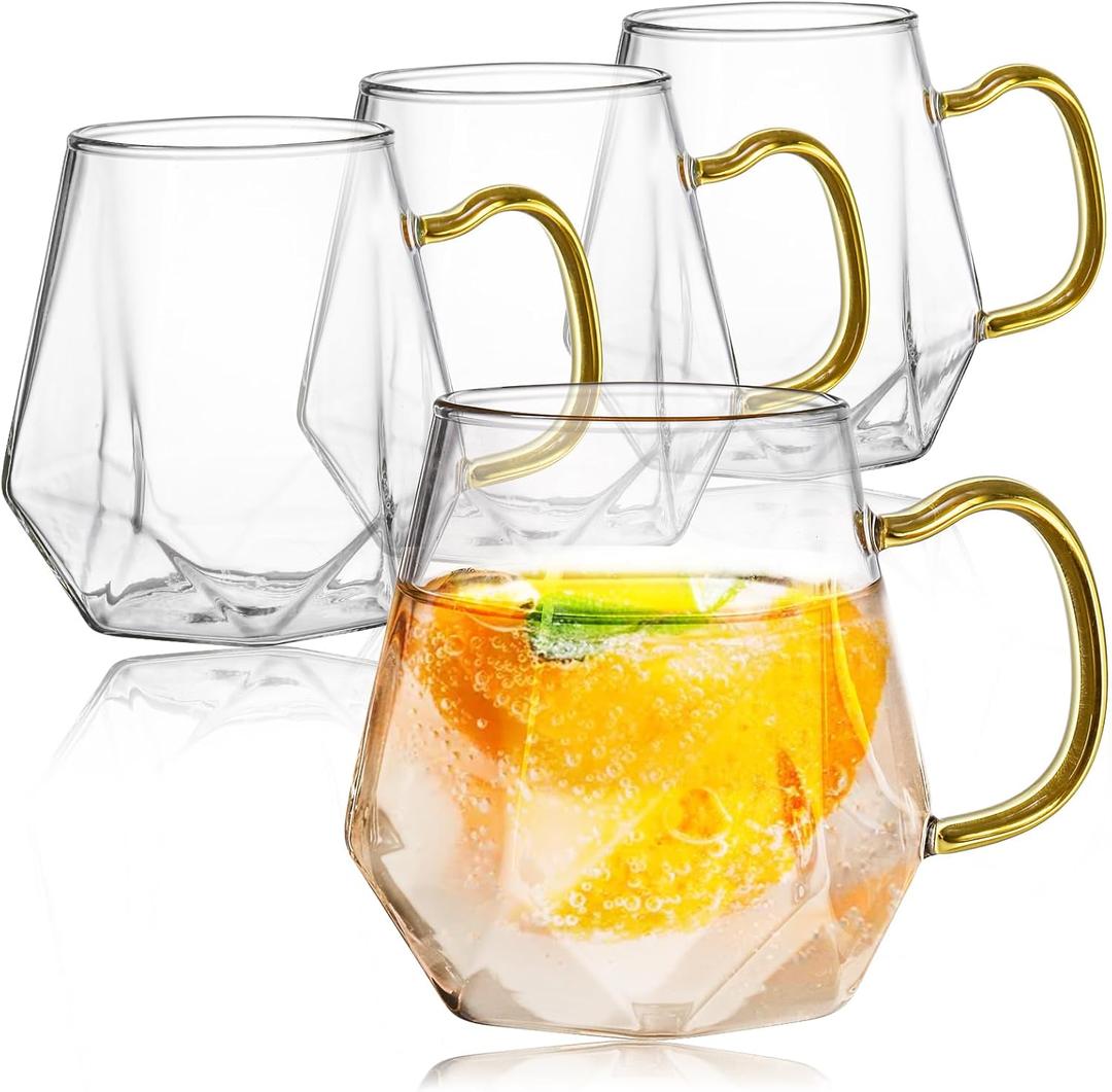 Set of 4 Glass Coffee Cups, 12 Oz Clear Glass Tea Mugs with Handle, Diamond Shape Espresso Liquor Drinking Mugs for Latte, Cappuccino, Juice, Milk, Beverages, Lightweight