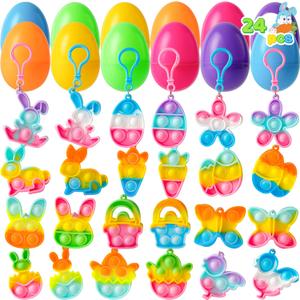 JOYIN 24 Pcs Prefilled Easter Egg with Mini Pop Fidget Bubble Keychain for Kids, Fidget Sensory Stress Relief Toy for Basket Stuffers, Easter Egg Hunt, Party Favors